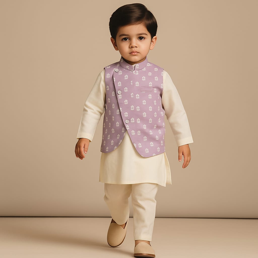 Pre Order: Off White Ethnic Kurta With Lilac Floral Embroidered Asymmetric Jacket And Pyjama