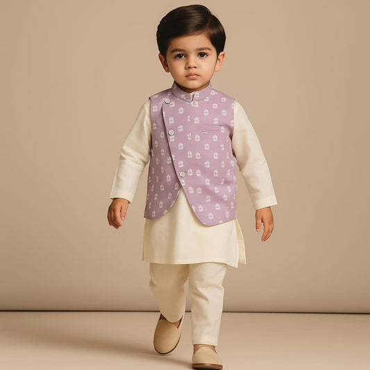 Pre Order: Off White Ethnic Kurta With Lilac Floral Embroidered Asymmetric Jacket And Pyjama