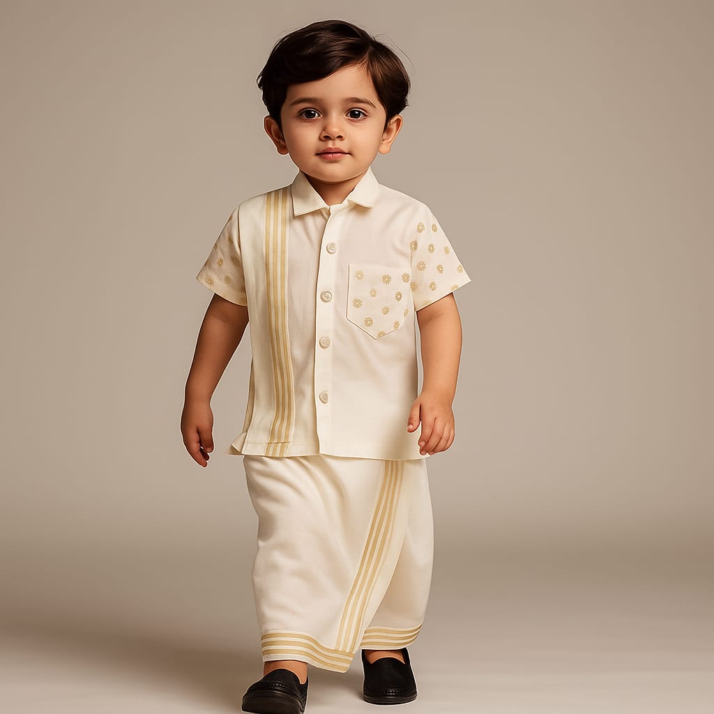 Pre Order: Exquisite Off White Shirt And Stitched Lungi With Shawl
