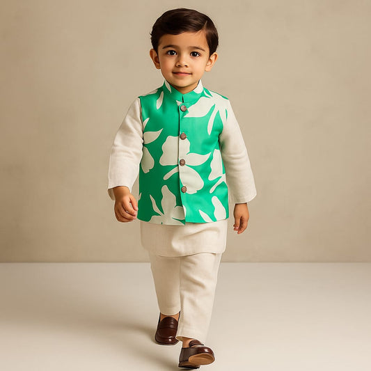 Pre Order: Off White Kurta With Green Printed Jacket And Pyjama