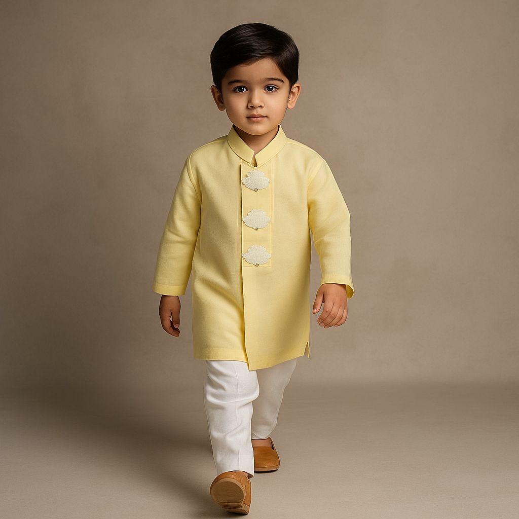 Pre Order: Yellow Hand Embroidered Placket Kurta With Pant