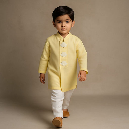 Pre Order: Yellow Hand Embroidered Placket Kurta With Pant