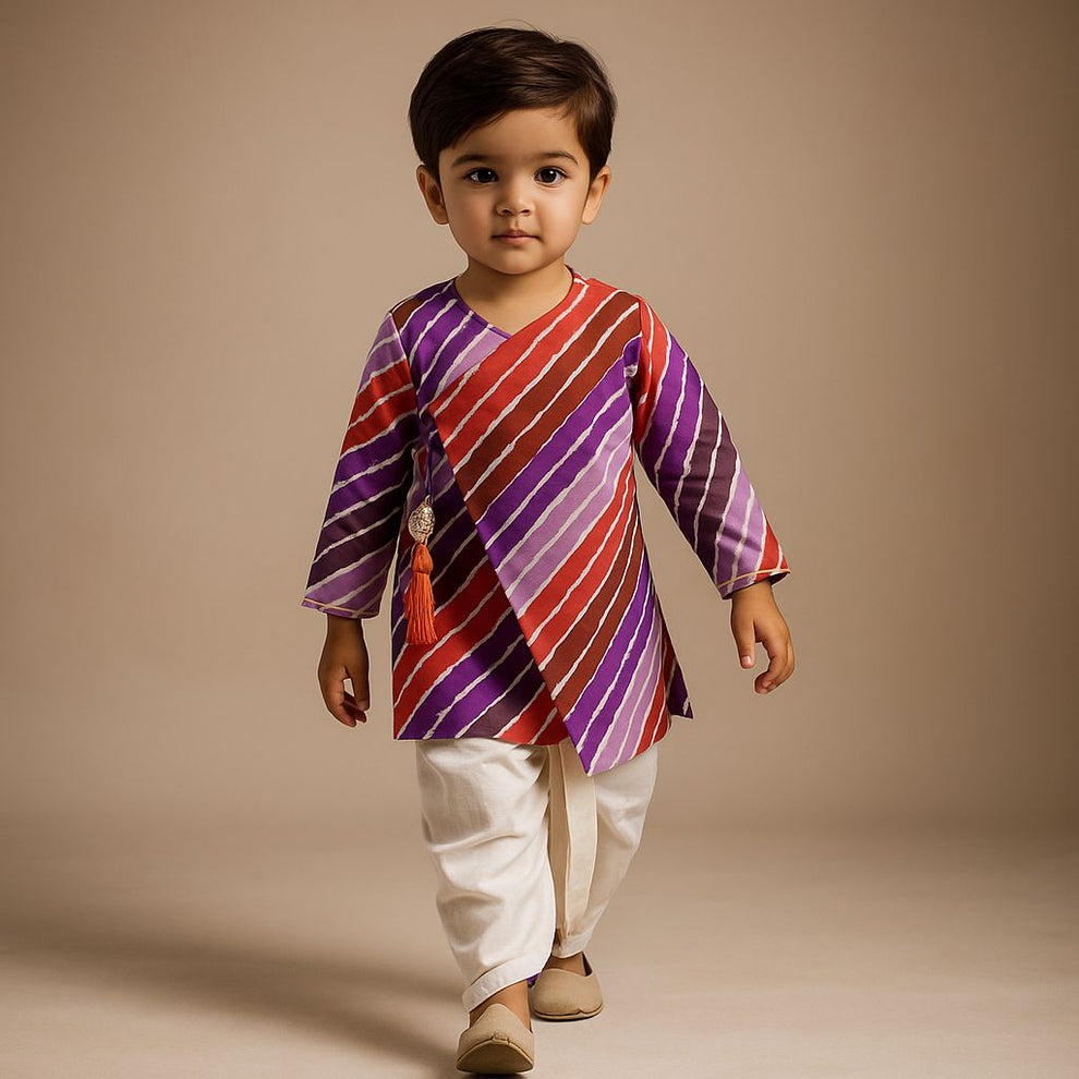 Pre Order: Angarkha Style Leheriye Printed Multicolour Kurta And Dhoti