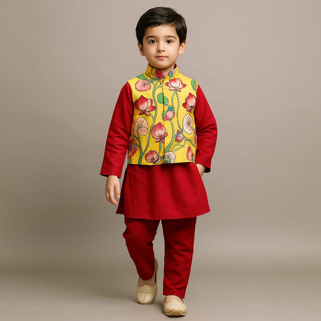 Pre Order: Red Silk Kurta With Multicolour Floral Printed Silk Jacket And Pyjama