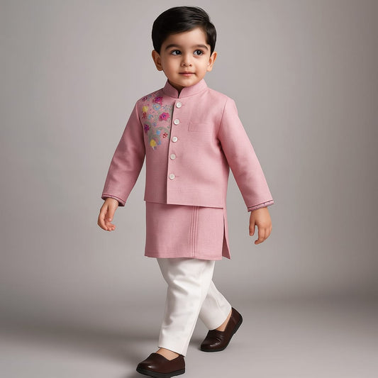 Pre Order: Purple Pintuck Kurta And Thread Embroidered Jacket With Pyjama