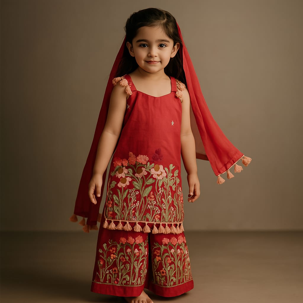 Pre Order: Red Sleeveless Floral Embroidered Kurti With Palazzo And Dupatta