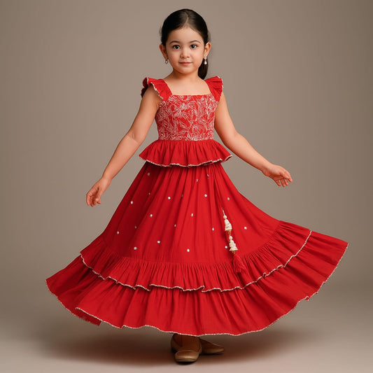 Pre Order: Embroidered Red Top And Pleated Frilly Hem Lehenga