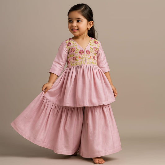 Pre Order: Purple Peplum Thread Embroidered Kurti With Sharara
