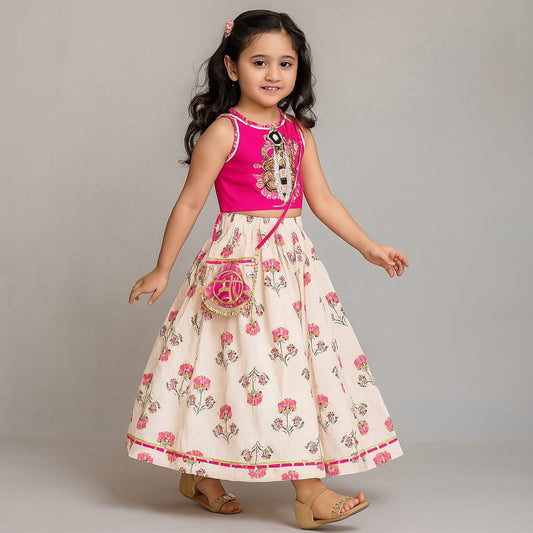 Pre Order: Goddess Embroidered Pink Top And Beautiful Tassels Embellished Lehenga