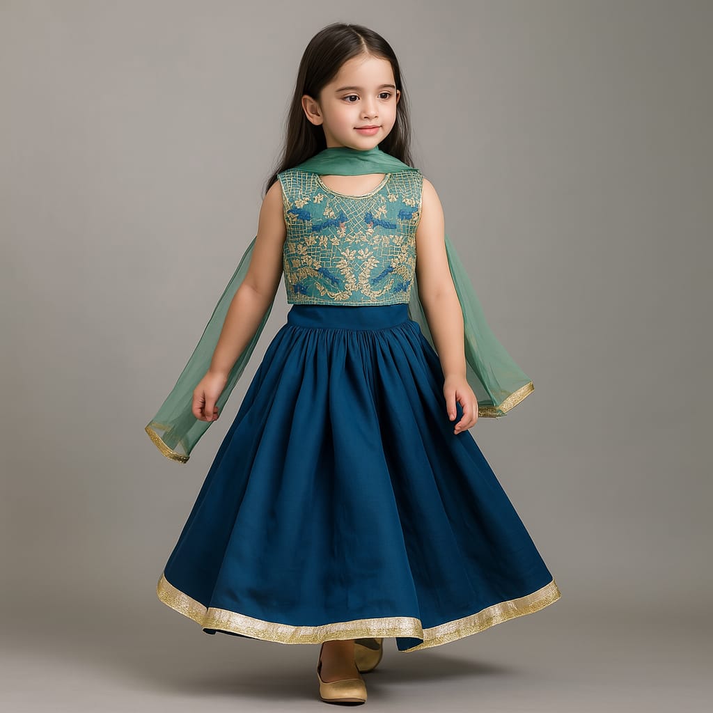 Pre Order: Green Top With Bird Embroidery And Lehenga