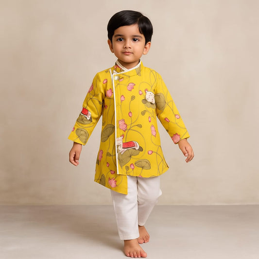 Pre Order: Cow And Lotus Printed Stylish Yellow Kurta With Pyjama