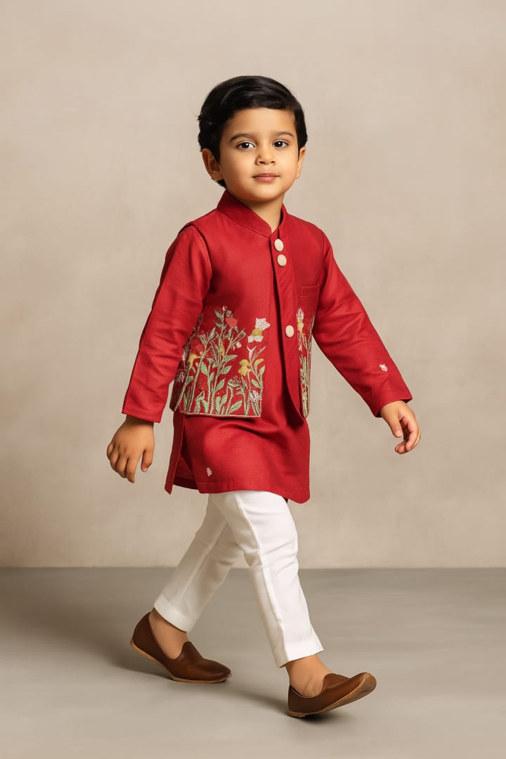 Pre Order: Red Kurta With Front Open Floral Embroidered Jacket And Pyjama