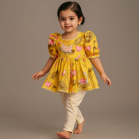 Pre Order: Printed Puffed Sleeves Yellow Peplum Top With Tulip Pant