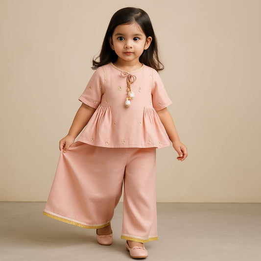 Pre Order: Diya Embroidered Peach Kurti And Pant