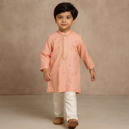 Pre Order: Diya Embroidered Peach Kurta And Churidar