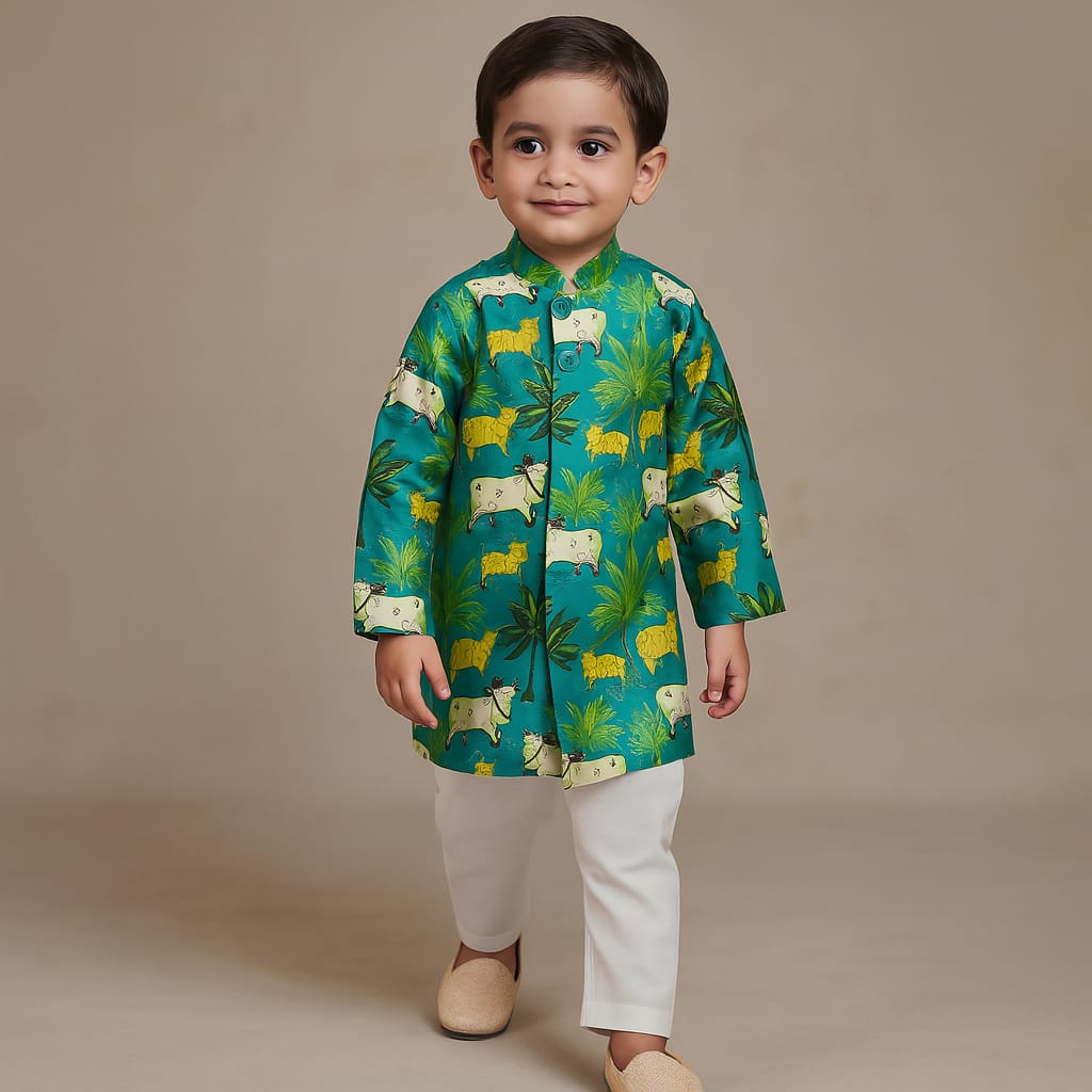 Pre Order: Cows And Tress Printed Green Sherwani With Pyjama