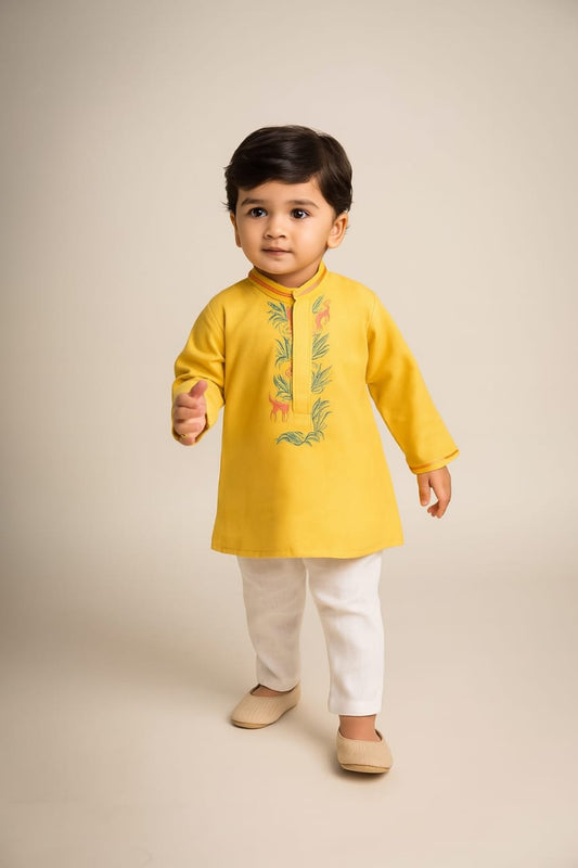 Pre Order: Yellow Kurta With Animal Embroidery And Pyjama