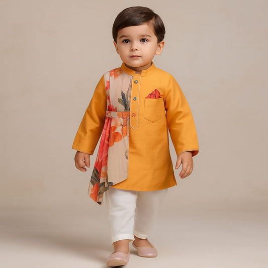 Pre Order: Orange Plain Kurta With One Side Printed Panel And Pyjama