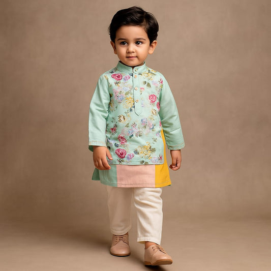 Pre Order: Spring Flowers Printed Attached Flap Colour Block Kurta With Pyjama