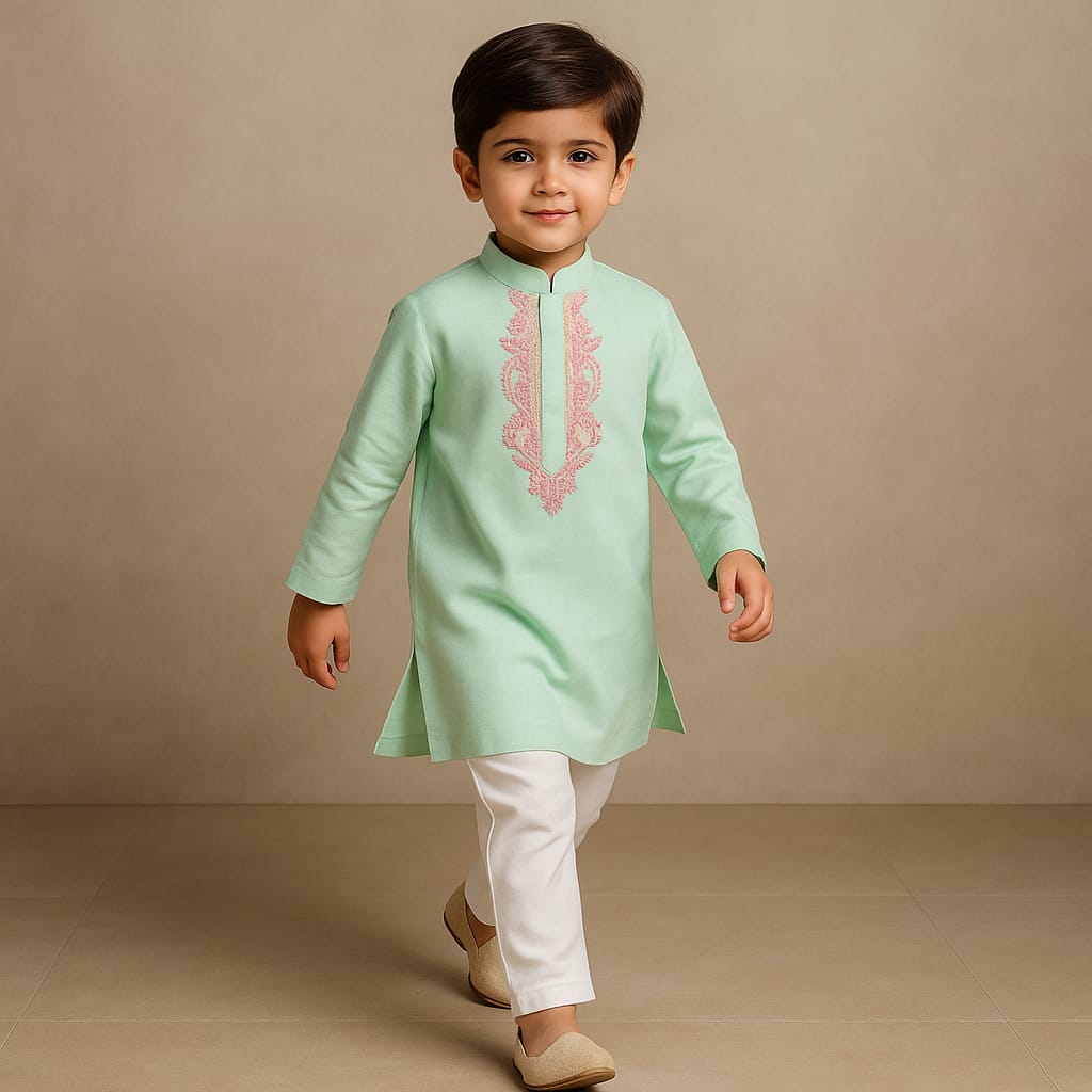 Pre Order: Embroidered Collar And Placket Kurta With Churidar