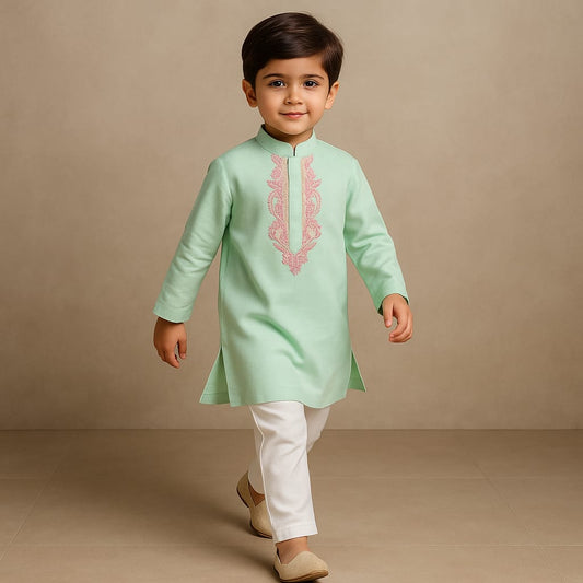 Pre Order: Embroidered Collar And Placket Kurta With Churidar