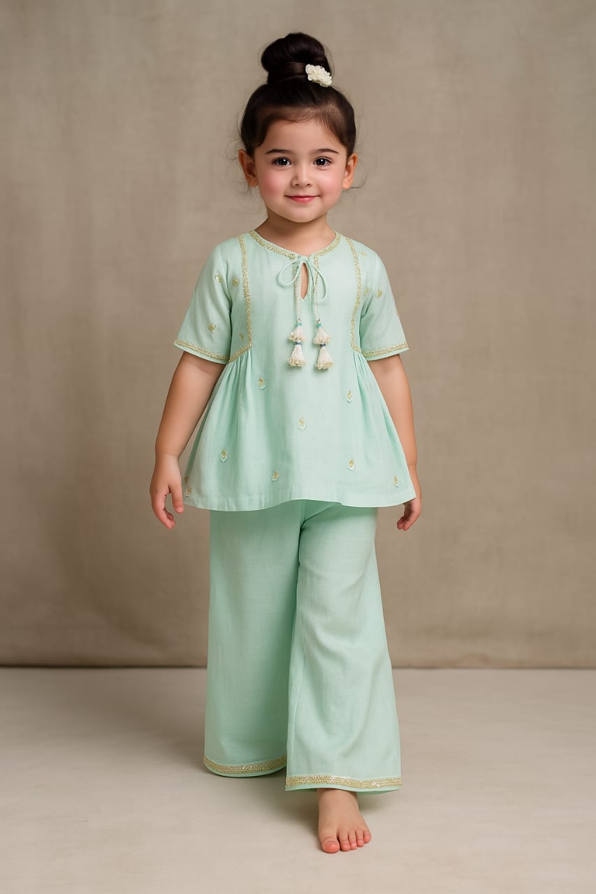 Pre Order: Diya Embroidered Green Kurti And Pant