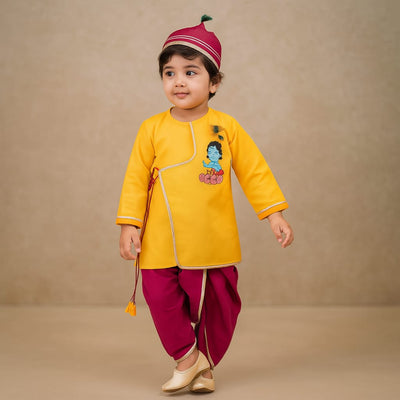Pre Order: Embroidered Krishna Angrakha Style Kurta With Lace Work Dhoti