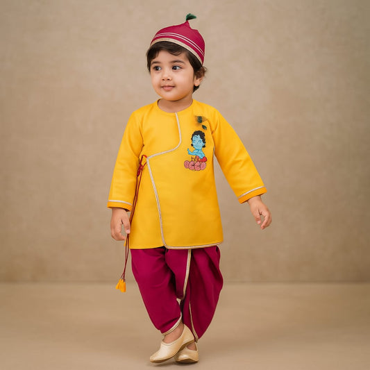 Pre Order: Embroidered Krishna Angrakha Style Kurta With Lace Work Dhoti