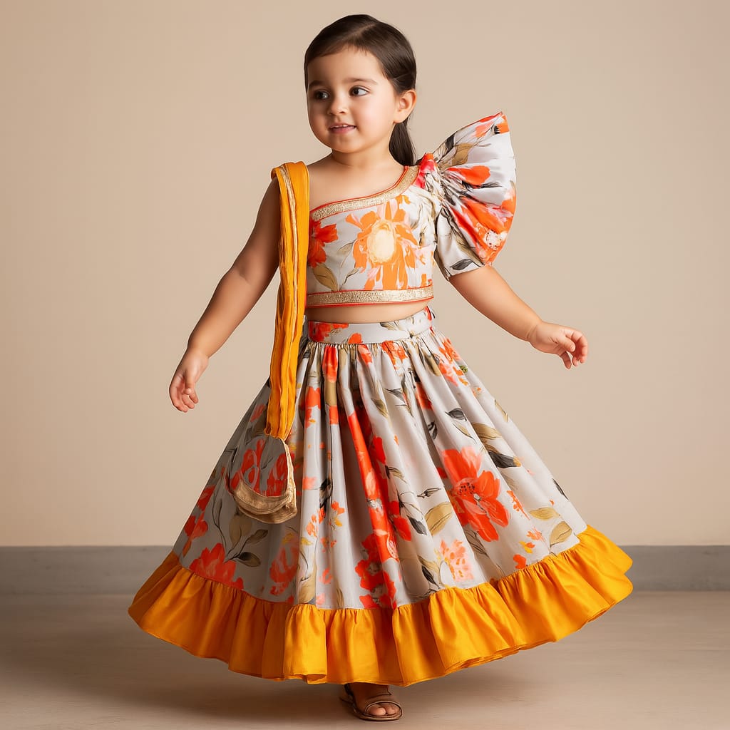 Pre Order: Multicolour Floral Printed One Shoulder Top And Lehenga With Attached Dupatta