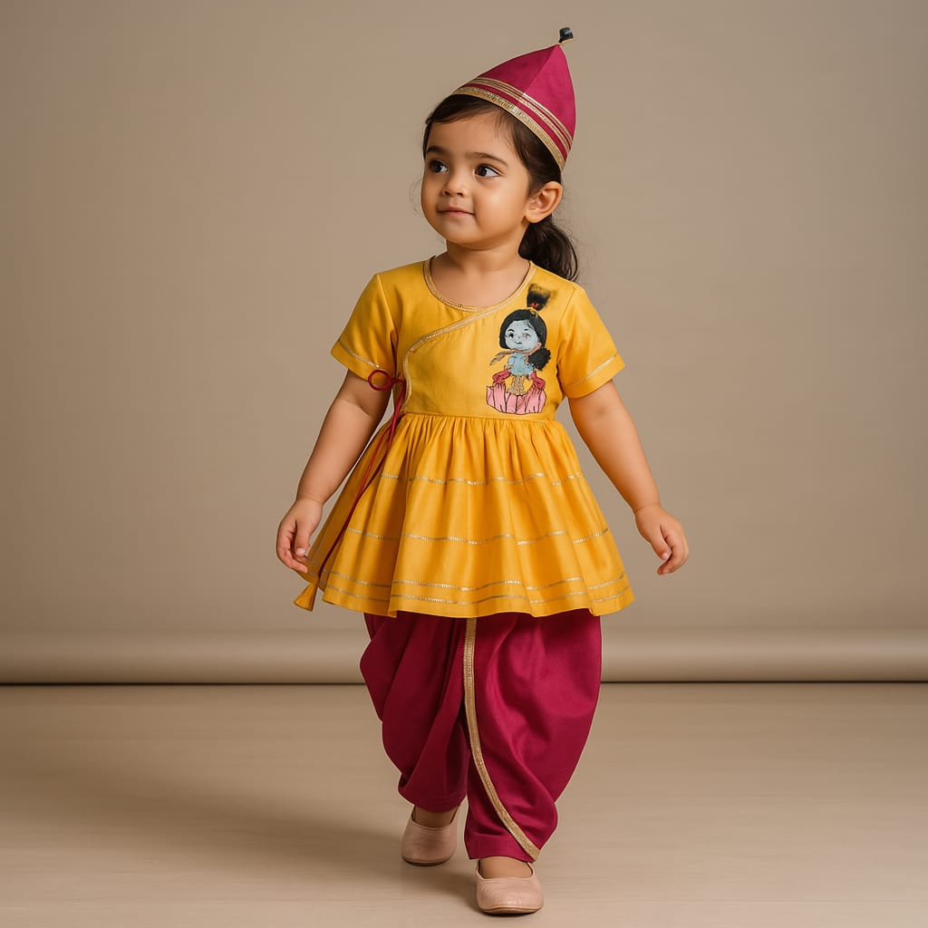 Pre Order: Yellow Krishna Embroidered Angrakha Top With Lace Work Dhoti