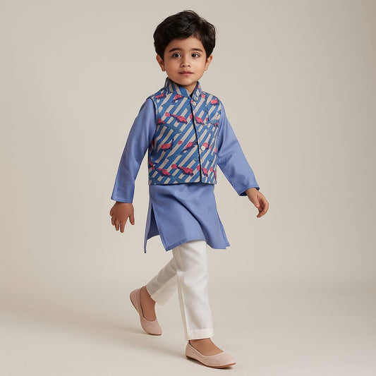 Pre Order: Blue Kurta With Peacock Printed Front Open Jacket And Pyjama
