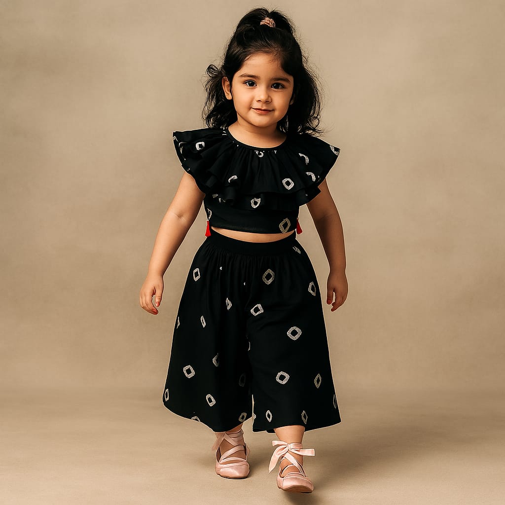 Pre Order: Bandhani Printed Ruffled Black Top With Palazzo