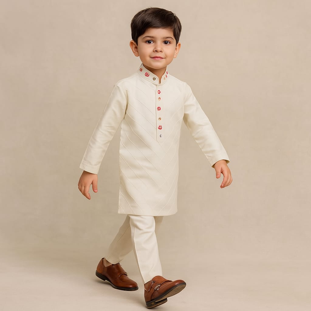 RTD Pre Order: Off White Pintuck Embroidered Kurta With Pyjama
