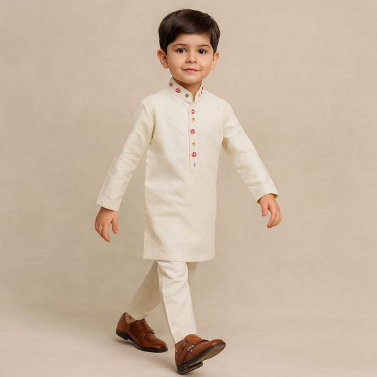 RTD Pre Order: Off White Pintuck Embroidered Kurta With Pyjama