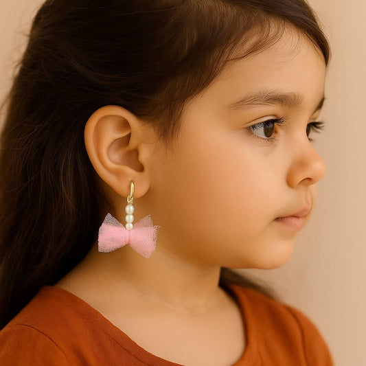 Pink Net Bow Pearl Clip On Earring
