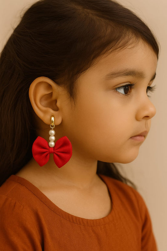 Red Bow Pearl Clip On Earring