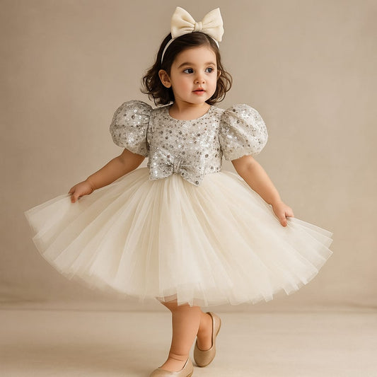 Pre Order : Jack Sequins Puff Sleeves White Net Dress