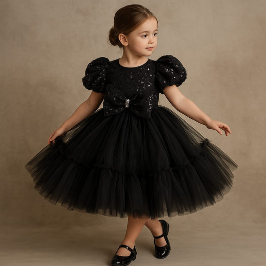 Pre Order: Jack Sequins Puff Sleeves Net Dress