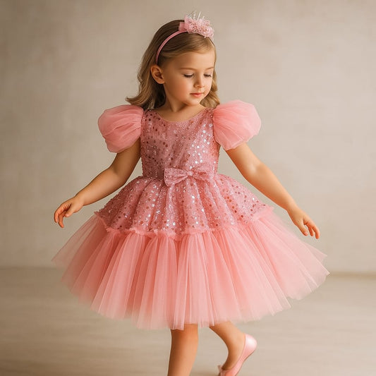 Pre Order: Axel Sequins Puff Sleeves Pink Net Dress