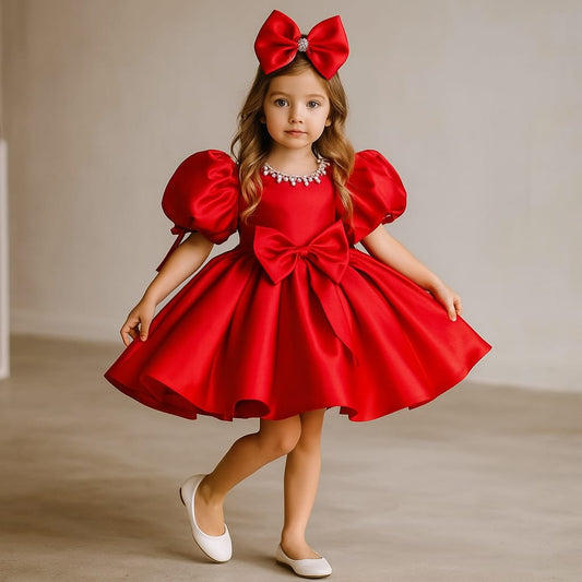 Pre Order: Zina satin bow Red dress.