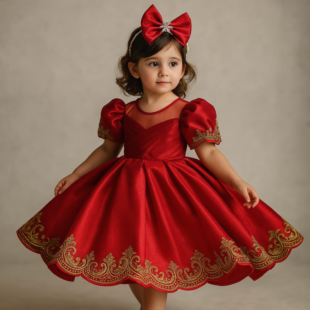 Pre Order: Red And Gold Embroidered Silk Dress