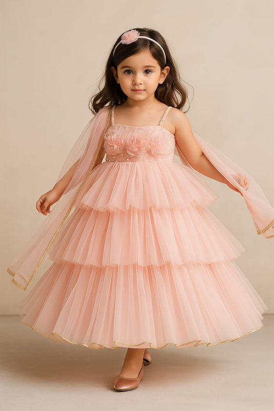 Pre Order: Peach Net Flower Embellished Gown