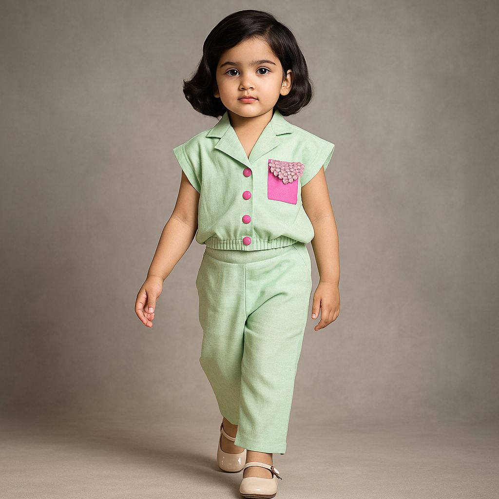 Pre Order: Contrasting Patch Pocket Detail Pastel Green Top And Pant