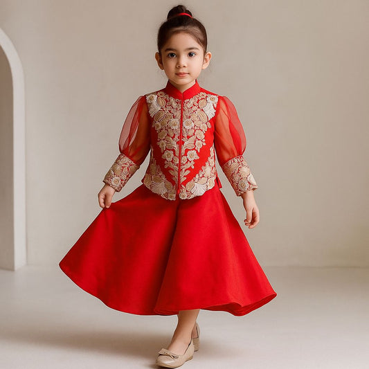 Pre Order: Front Open Embroidered Red Top And Palazzo