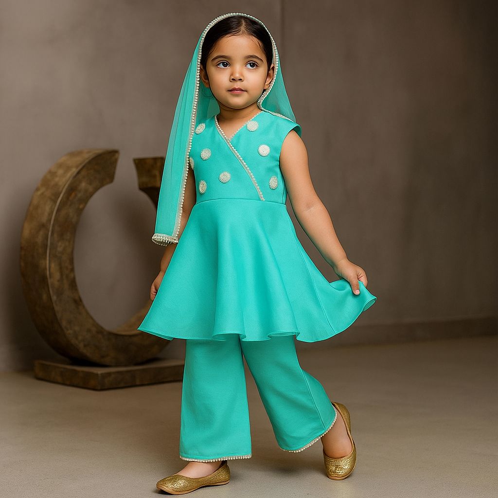 Pre Order: Umbrella Flared Hem Rama And Palazzo With Net Dupatta