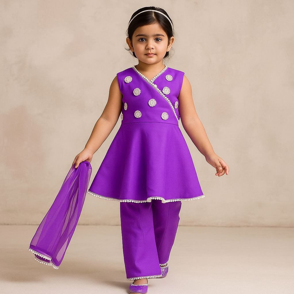 Pre Order: Umbrella Flared Hem Brinjal Purple Kurti And Palazzo With Net Dupatta