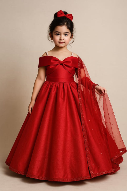 Pre Order: Red Off Shoulder Gown And Duaptta