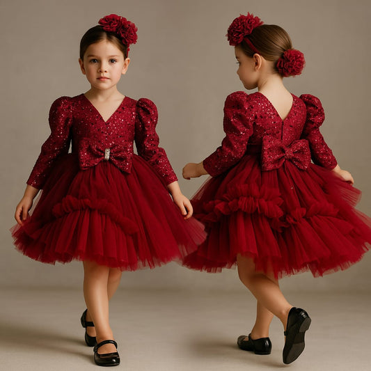 Pre Order: Sequins Puff Sleeves Ruffle Red Net Dress