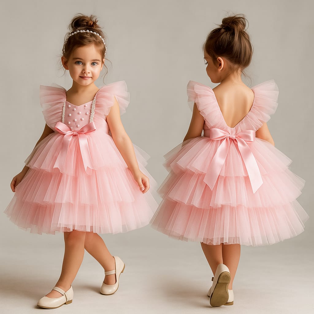 Pre Order: Stylish Pink Frilly Net Dress