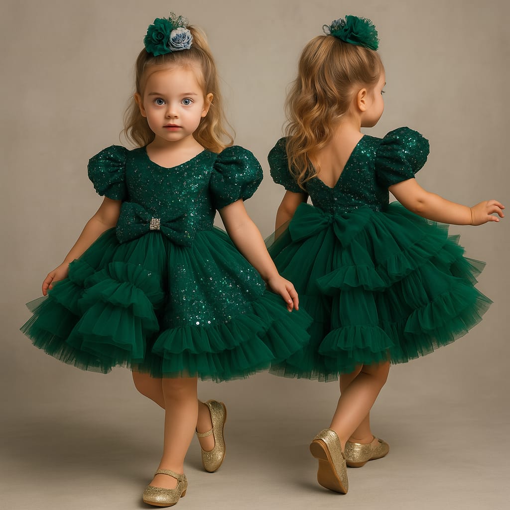 Pre Order: Sequins Puff Sleeves Ruffle Green Net Dress